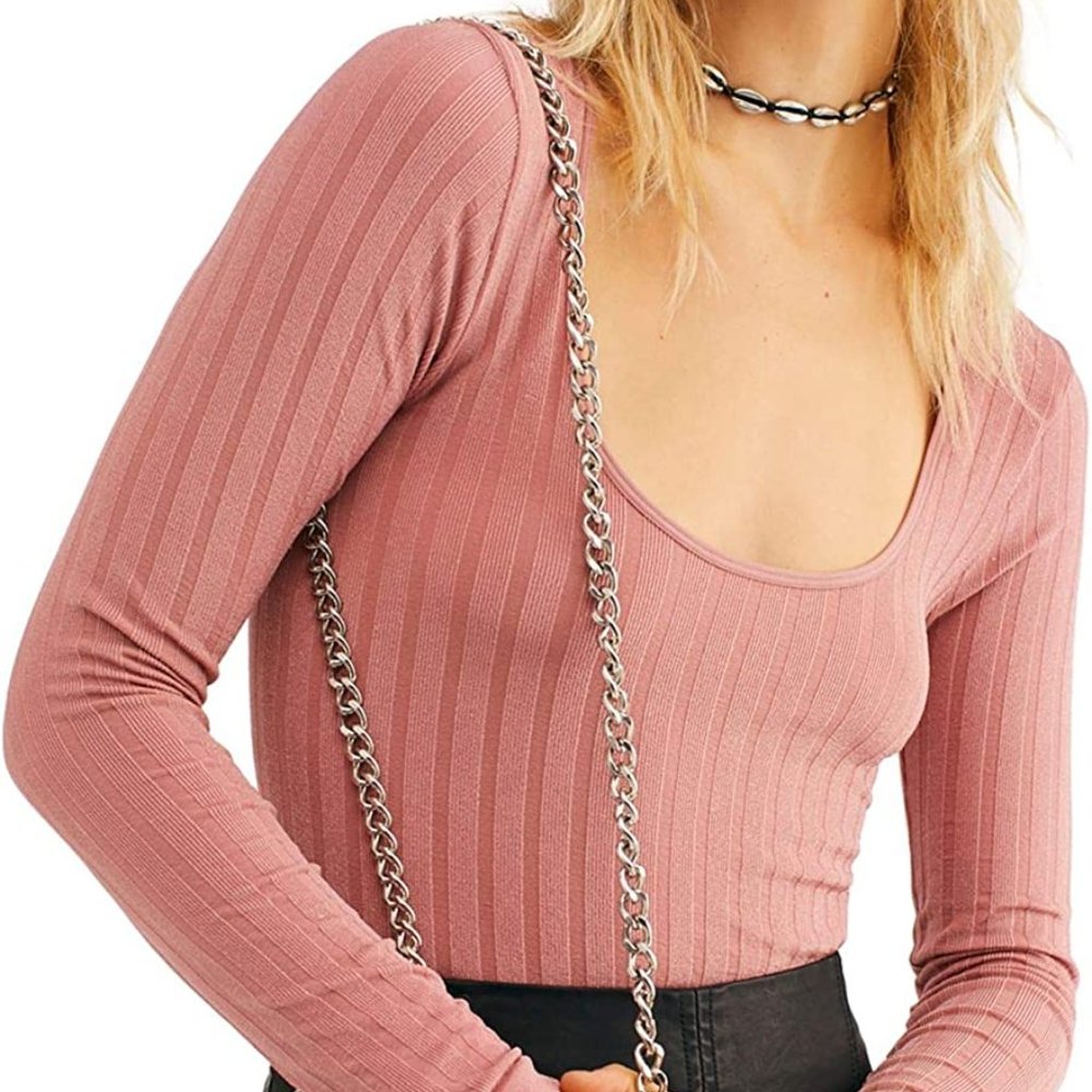 NWT Free People Wide-Rib Scoop Neck Long-Sleeve Top